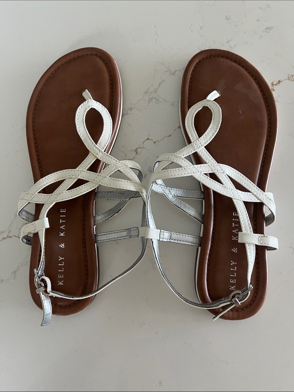 Kelly & Katie Metallic White Braided Loop Sandals